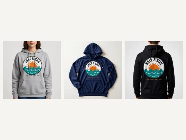 The same design on a hoodie on a model, flat lay and from the back