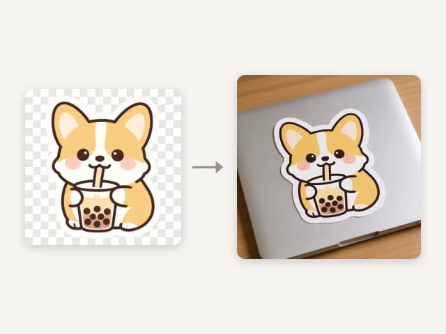 A sticker design as a transparent PNG next to the sticker mockup made from it