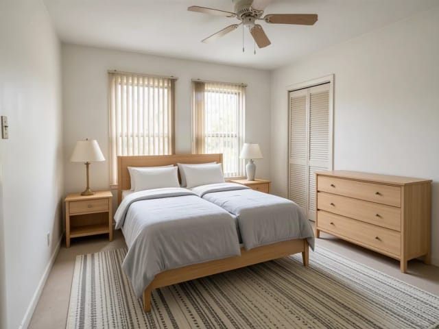 Ein altes Elternschlafzimmer, neu gestaltet mit einem Bett und zwei Einzeldecken