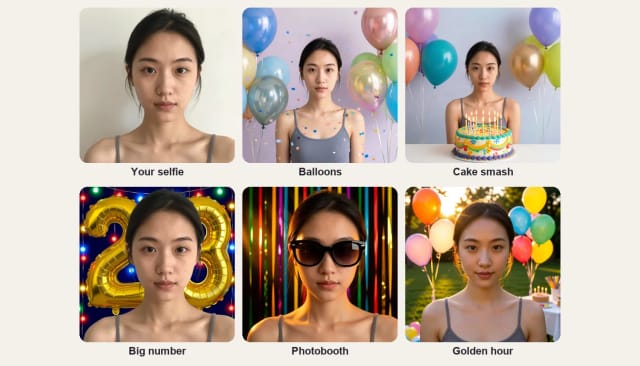 The same young woman in five birthday photoshoot styles: Balloons, Cake smash, Big number, Photobooth and Golden hour