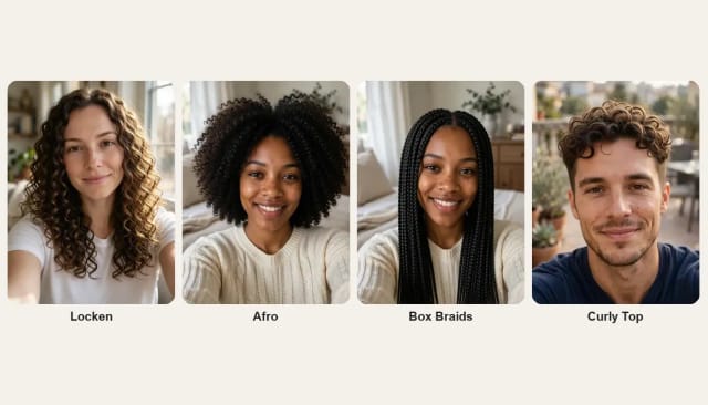 Locken, ein Afro, Box Braids und ein Curly Top, jeweils auf einem Beispiel-Selfie
