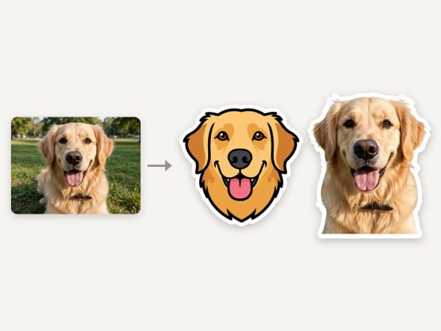 A photo of a golden retriever next to two stickers made from it: a cartoon one and a photo cutout