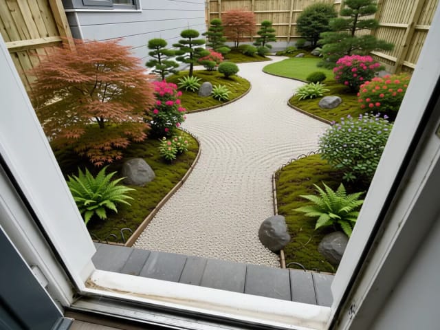 Der Beispielgarten als Japangarten bepflanzt, mit Ahorn, Moos und geharktem Kies