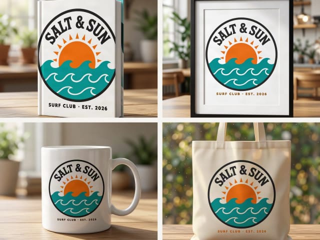 Product mockups of the same design on a hardcover book, a framed poster, a mug and a tote bag