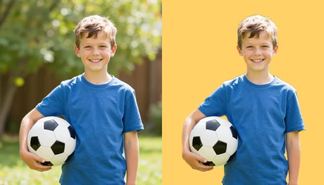 Ein Junge mit Fußball im Garten und derselbe Junge freigestellt auf einem gelben Hintergrund