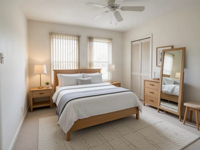 Ein altes Elternschlafzimmer, neu gestaltet mit bodenlangem Standspiegel und Hocker