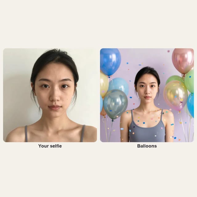 A selfie of a young woman and the same woman surrounded by balloons and confetti