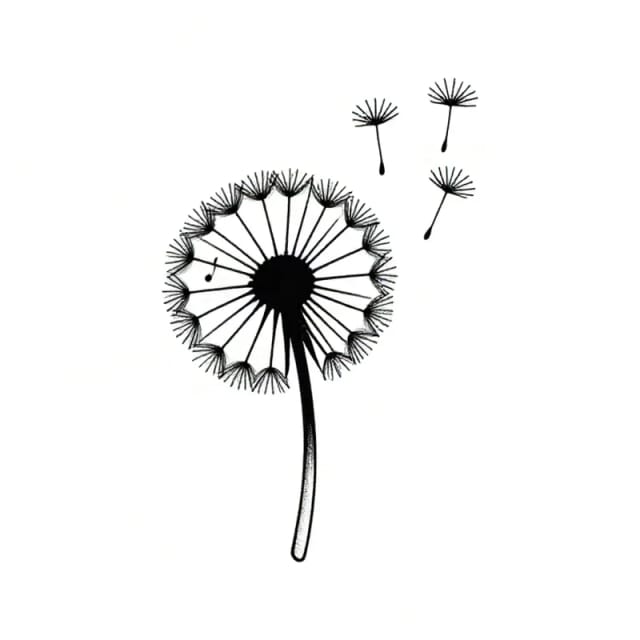 Fine line tattoo design of a dandelion with seeds blowing away