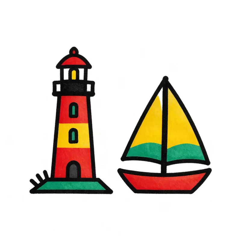 Old school couple tattoo designs of a lighthouse and a sailboat