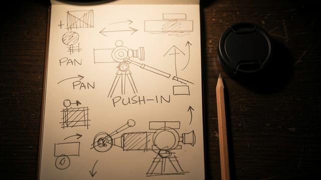 Camera direction notes beside a lens