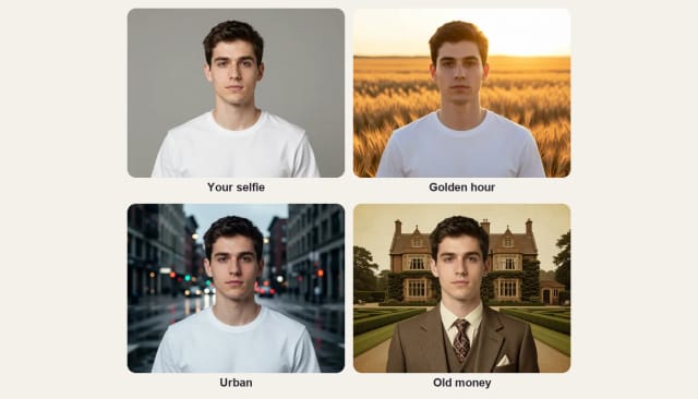A selfie of a young man and the same man in golden hour, urban and old money photoshoot styles
