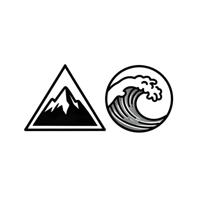 Geometric couple tattoo designs of a mountain in a triangle and an ocean wave in a circle
