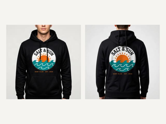 Front and back hoodie mockups of the same hoodie: the sample design on the chest and across the back
