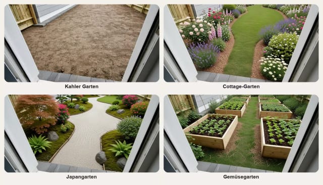 Ein kahler Garten und derselbe Garten in drei Stilen bepflanzt: Cottage-Garten, Japangarten und Gemüsegarten