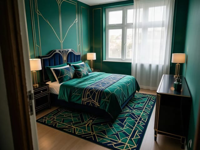 Ein kleines Schlafzimmer, neu gestaltet im Art-déco-Stil, mit smaragdgrünen Wänden und marineblauem Samtkopfteil