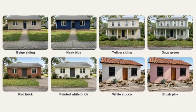 Four houses before and after painting: navy blue siding, sage green siding, painted white brick and blush pink stucco