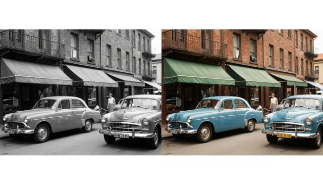 A black and white street with vintage cars and the same photo colorized by AI