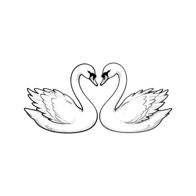 Fine line couple tattoo designs of two swans facing each other, their necks forming a heart