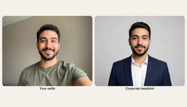 A selfie of a man in a green T-shirt and the same man as a corporate headshot in a navy blazer