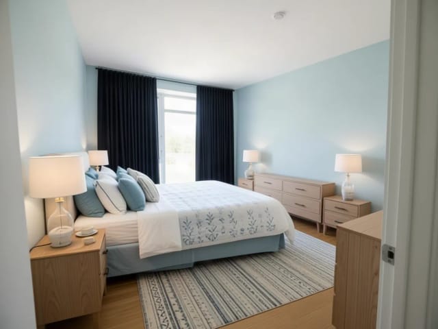 Ein leeres Schlafzimmer, neu gestaltet mit bodenlangen, marineblauen Verdunkelungsvorhängen