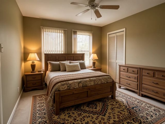 Ein altes Elternschlafzimmer, neu gestaltet im rustikalen Stil, mit zwei Kommoden nebeneinander
