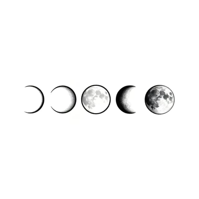 Fine line tattoo design of a row of five moon phases
