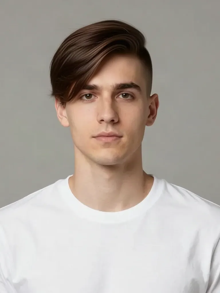 A young man with short brown hair with an undercut with a long side fringe, made with the AI hairstyle changer