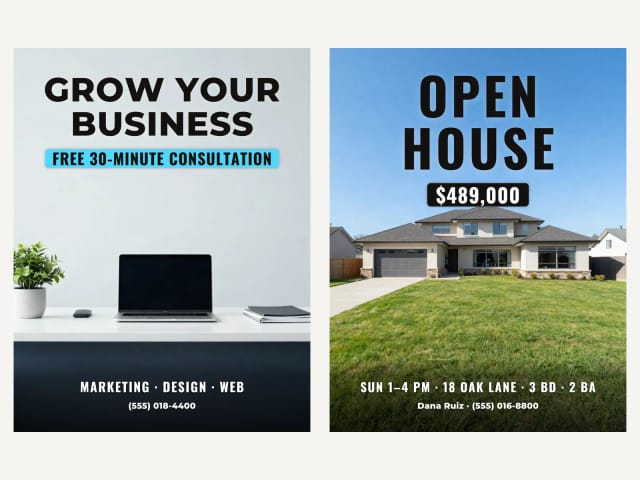 AI business and open house flyers with the price, the address and the contact