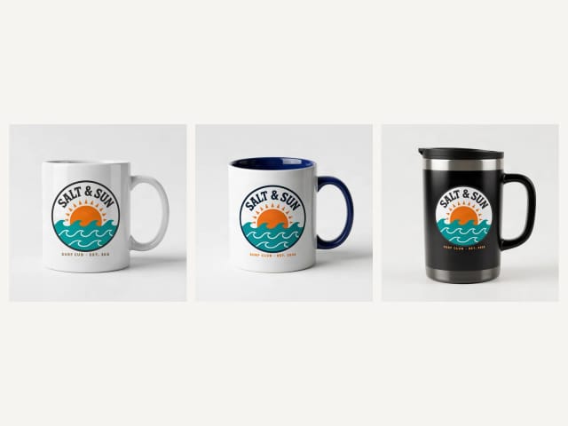 The same design on an 11 oz mug, a two-tone mug and a travel mug