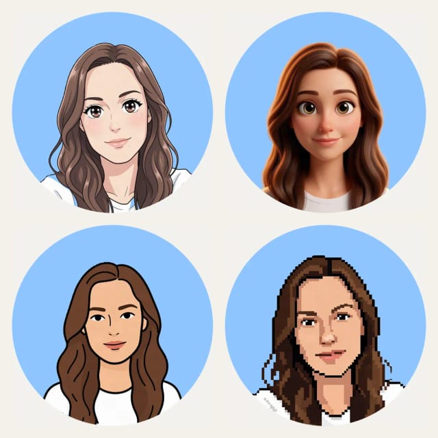 Dieselbe Frau als Profilbild in Anime, 3D, Cartoon und Pixel-Art