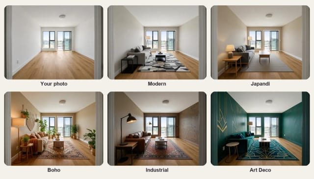 An empty living room and the same room furnished in modern, Japandi, boho, industrial and Art Deco styles