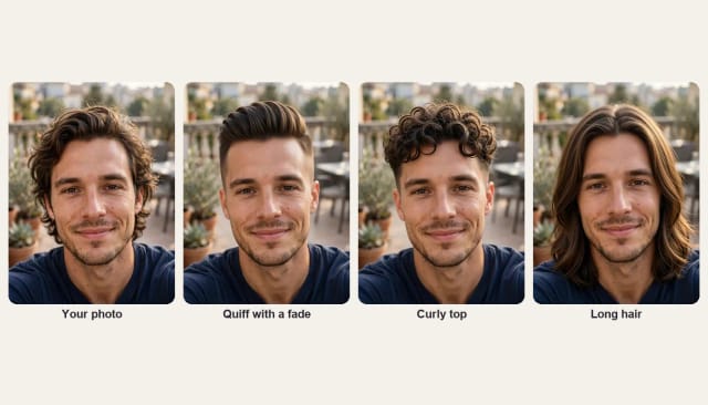 A man with wavy brown hair and the same man with a quiff with a fade, a curly top and long hair