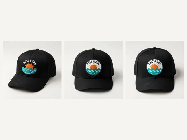 The same logo embroidered, printed and on a patch on a cap
