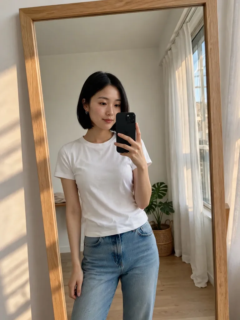 Original mirror selfie of a woman in a white T-shirt and jeans