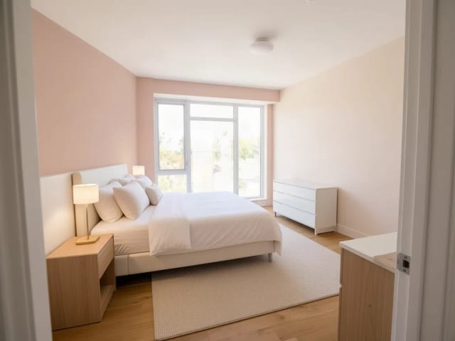 Ein leeres Schlafzimmer, neu gestaltet in einer Palette aus Zartrosa und Creme