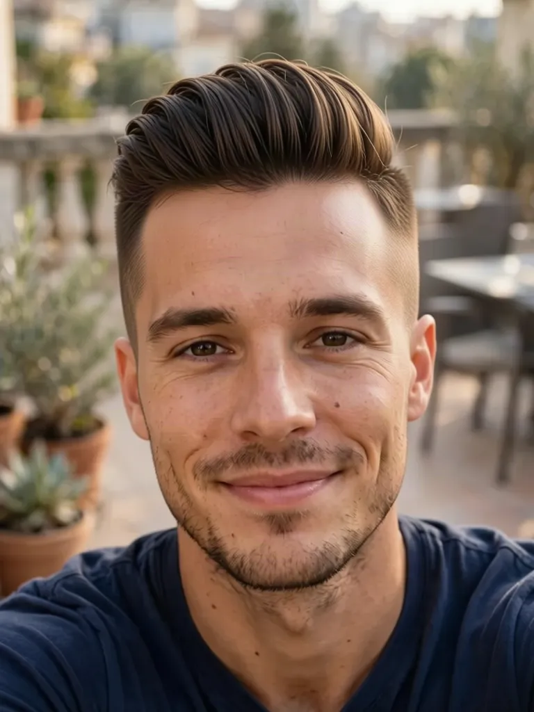 A man with wavy brown hair with a quiff with a skin fade, made with the AI hairstyle changer