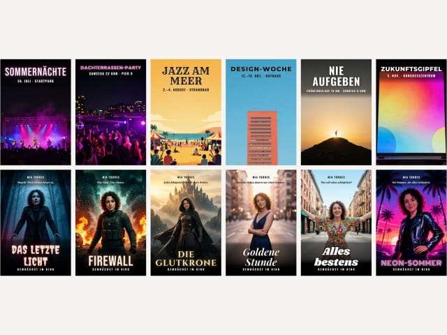 Sechs Event-Plakate und sechs Filmplakate, jedes in seinem Stil