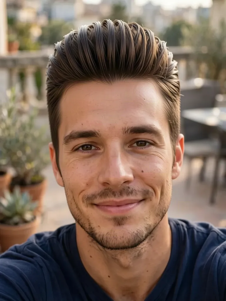 A man with wavy brown hair with a pompadour, made with the AI hairstyle changer