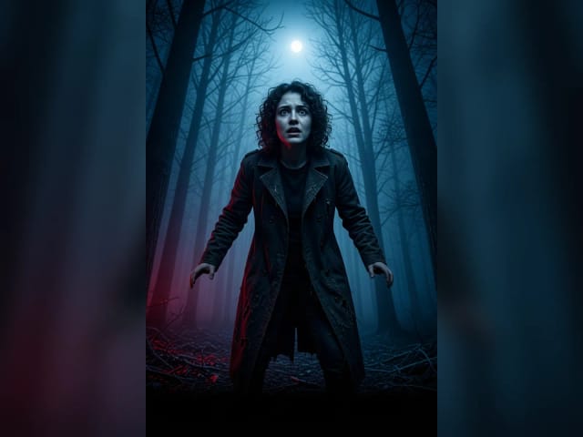 AI image of a frightened woman in a dark forest at night, without any text
