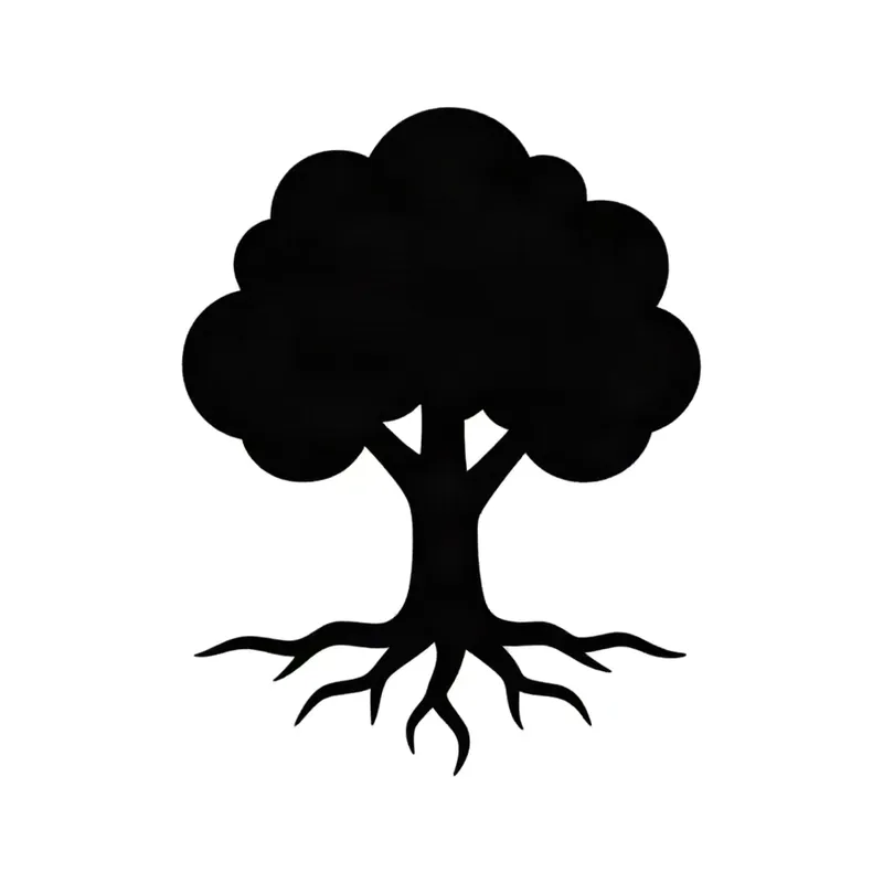 Blackwork tattoo design of a small tree with its roots showing