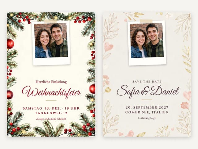 Eine Einladung zur Weihnachtsfeier und ein Save the Date, jeweils mit einem Paarfoto im Rahmen