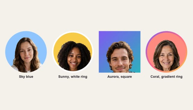 Four people cut out on sky blue, sunny, aurora and coral backgrounds, with and without rings