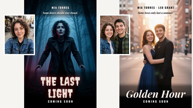A selfie of a woman turned into a horror movie poster, and a photo of a couple turned into a romance movie poster