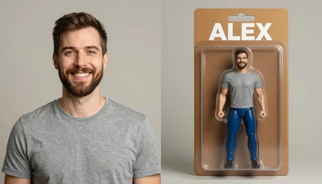 A smiling man in a gray T-shirt, and the same man as an action figure in a blister pack with the name ALEX on the box