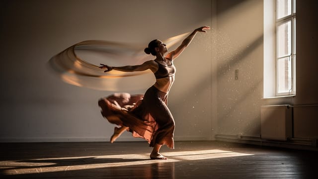 A dancer mid-movement with motion blur on the limbs