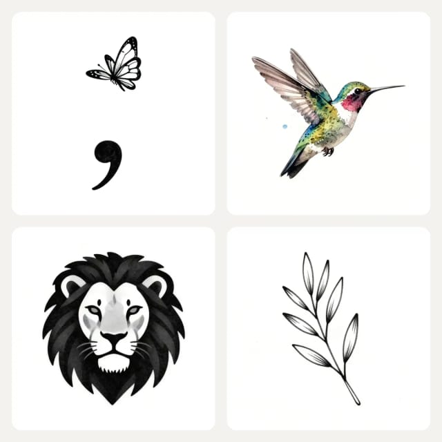 Four small tattoo designs: a semicolon with a butterfly, a watercolor hummingbird, a lion head and an olive branch