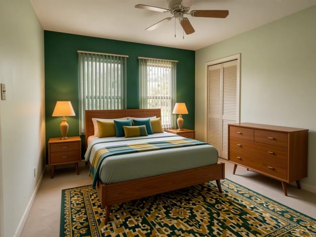 Ein altes Elternschlafzimmer, neu gestaltet im Mid-Century-Stil, mit einer dunkelgrünen Akzentwand hinter dem Bett