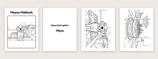 Ein Malbuch zum Ausdrucken: ein Deckblatt mit dem Titel Mayas Malbuch, eine Seite „Dieses Buch gehört Maya“ und zwei Ausmalbilder mit einem Welpen und einer Geburtstagstorte