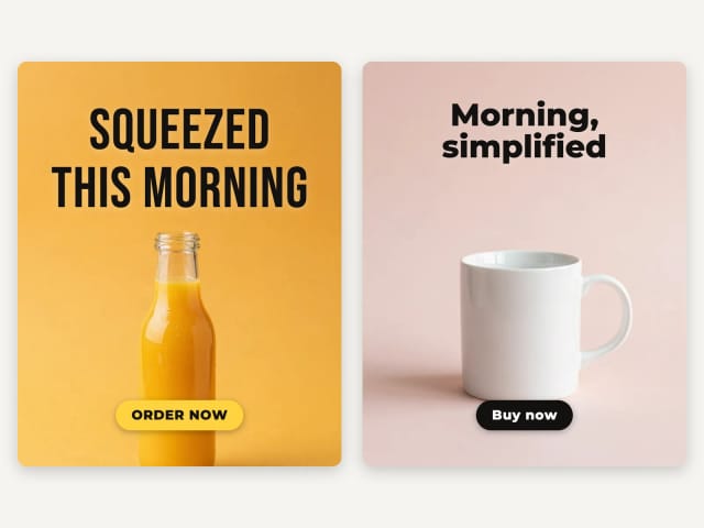 A bold orange juice ad and a minimal coffee mug ad in the 4:5 feed size