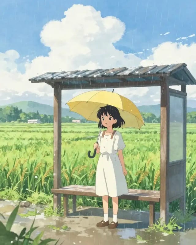 Image made with CreArt's Auto model from the prompt: anime: bus stop in the rain